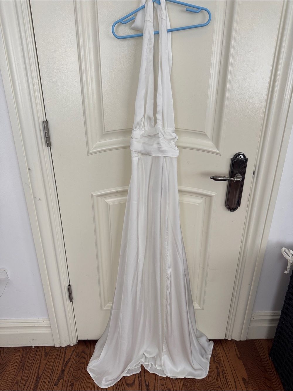 White Halter Satin Maxi Dress with one front slit